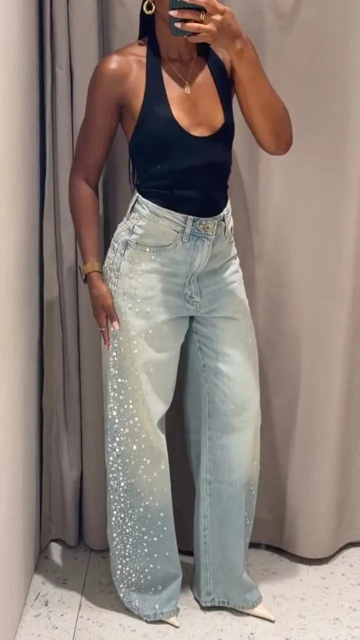 Light Wash Gradient Rhinestone Wide Leg Jeans