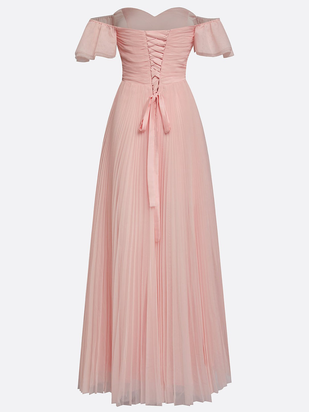 Pink Ruffled Pleated Tulle Off The Shoulder Short Sleeve A-Line Gown Dress