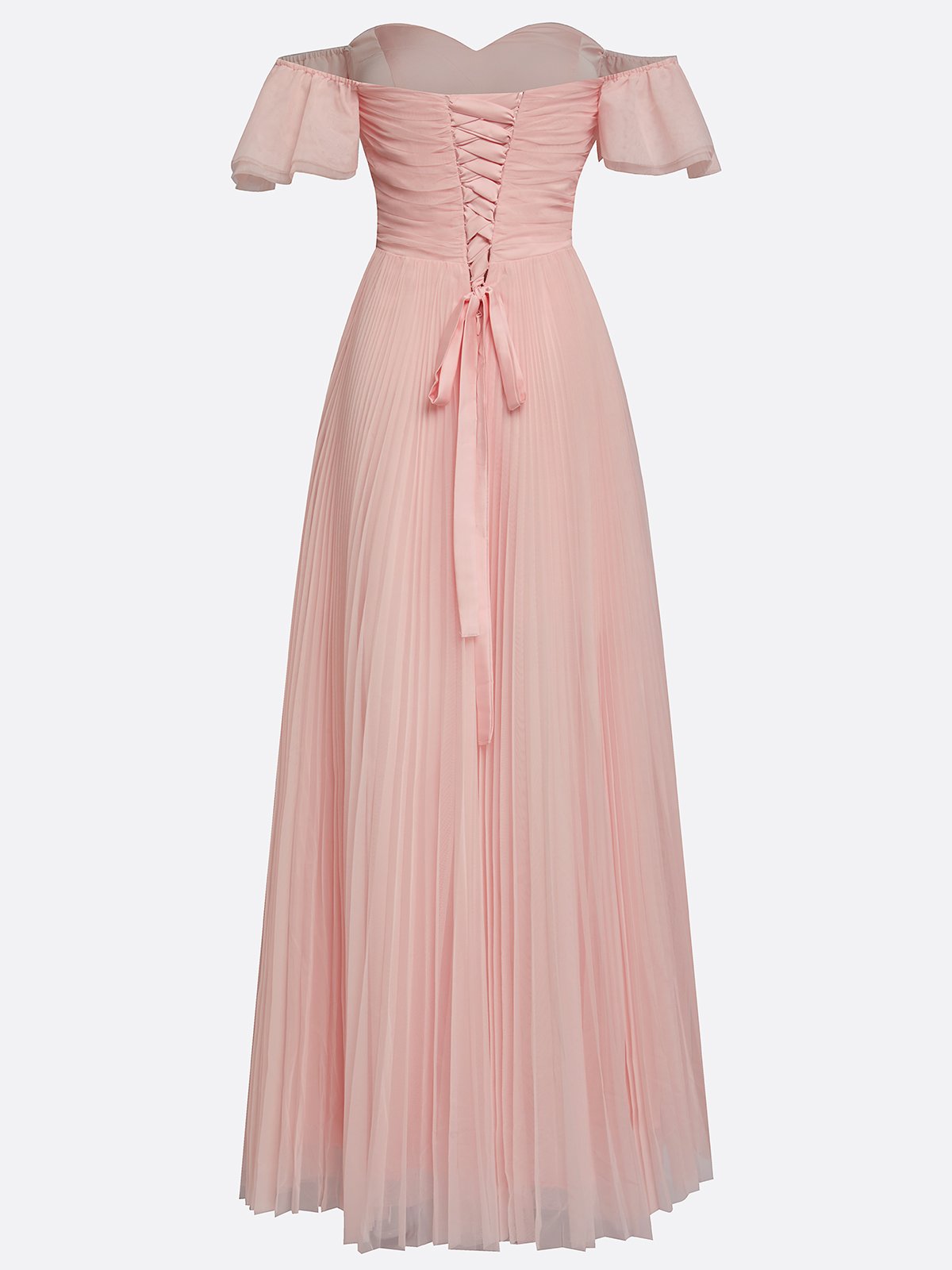 Pink Ruffled Pleated Tulle Off The Shoulder Short Sleeve A-Line Gown Dress