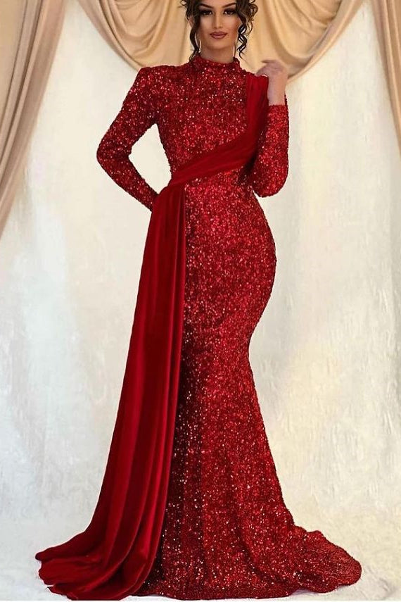 Sequins Long Sleeves Mermaid Prom High Collar Dress With Ruffle PD0914