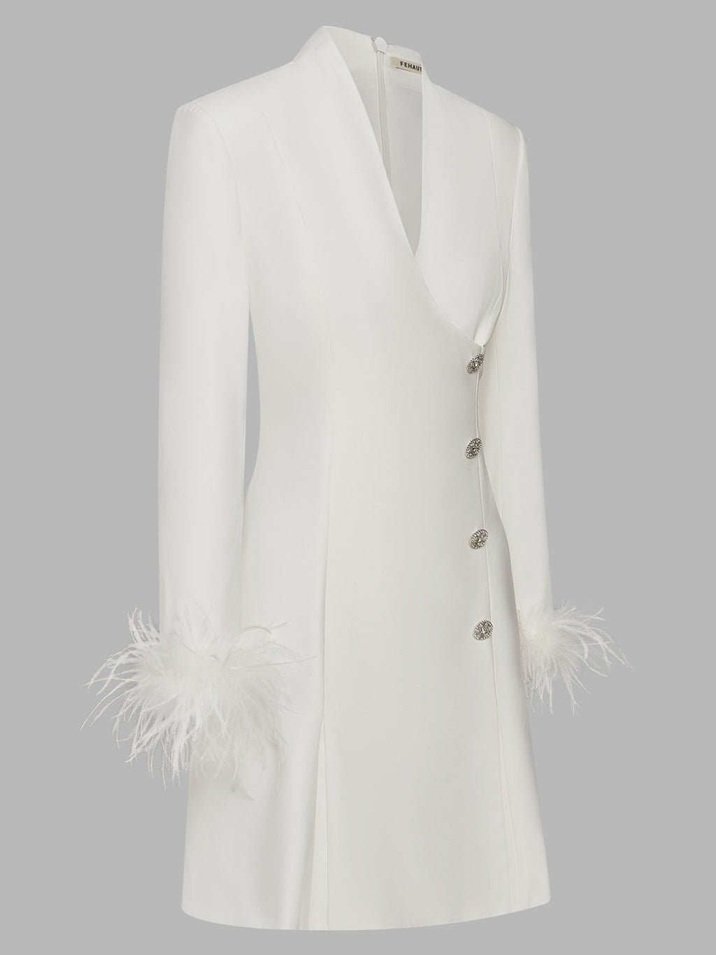 White Feather-trimmed Buckle Classic V Neck Stand Collar Long Sleeve A-Line Mini Dress