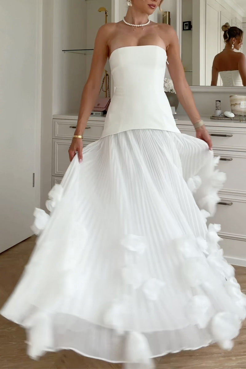 Strapless 3D Petal Pleated Bridal Maxi Dress