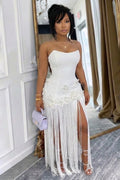 Strapless 3D Flower Fringe Patchwork Gowns Maxi Dresses-White