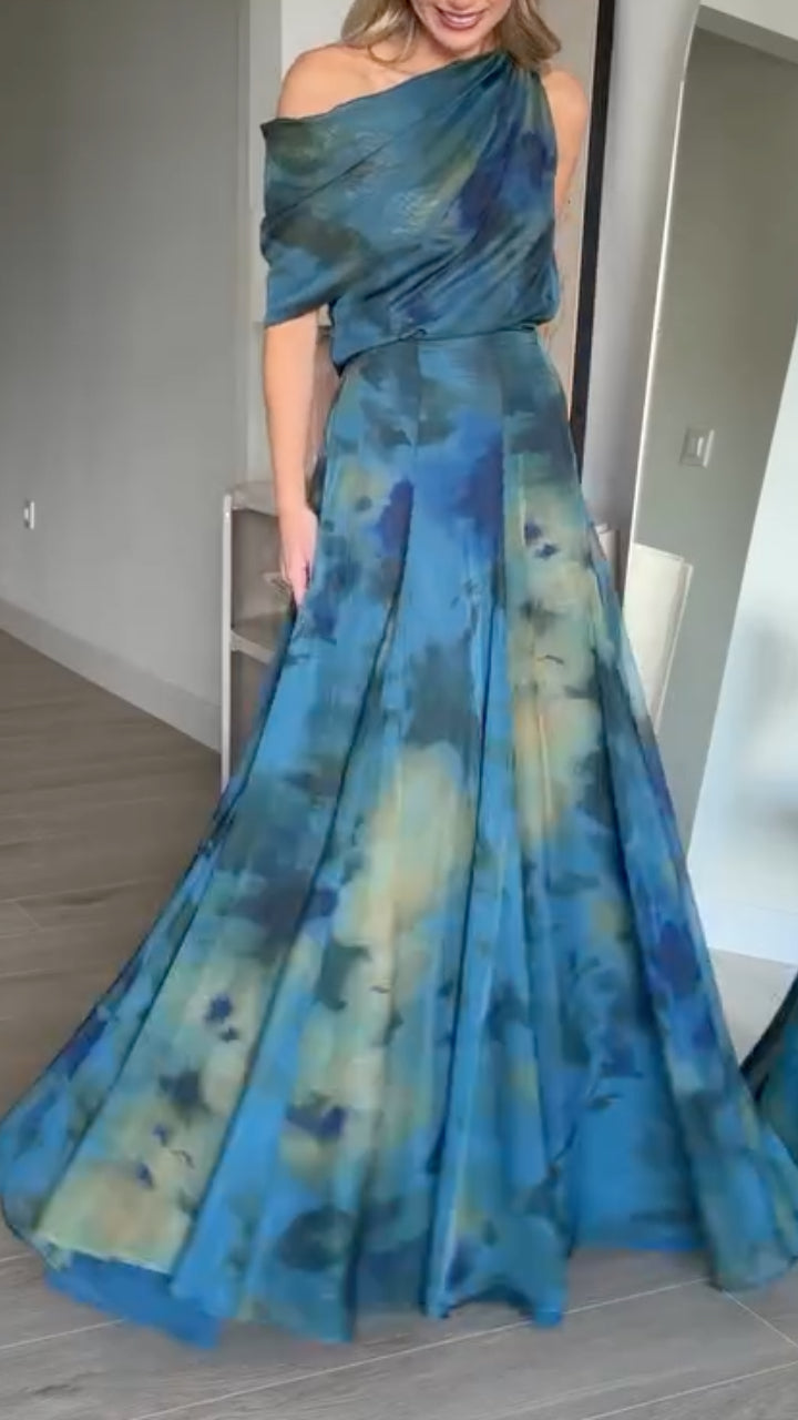 Teal Blue Watercolor Print Asymmetrical Maxi Dressxi DressMaxi Dress