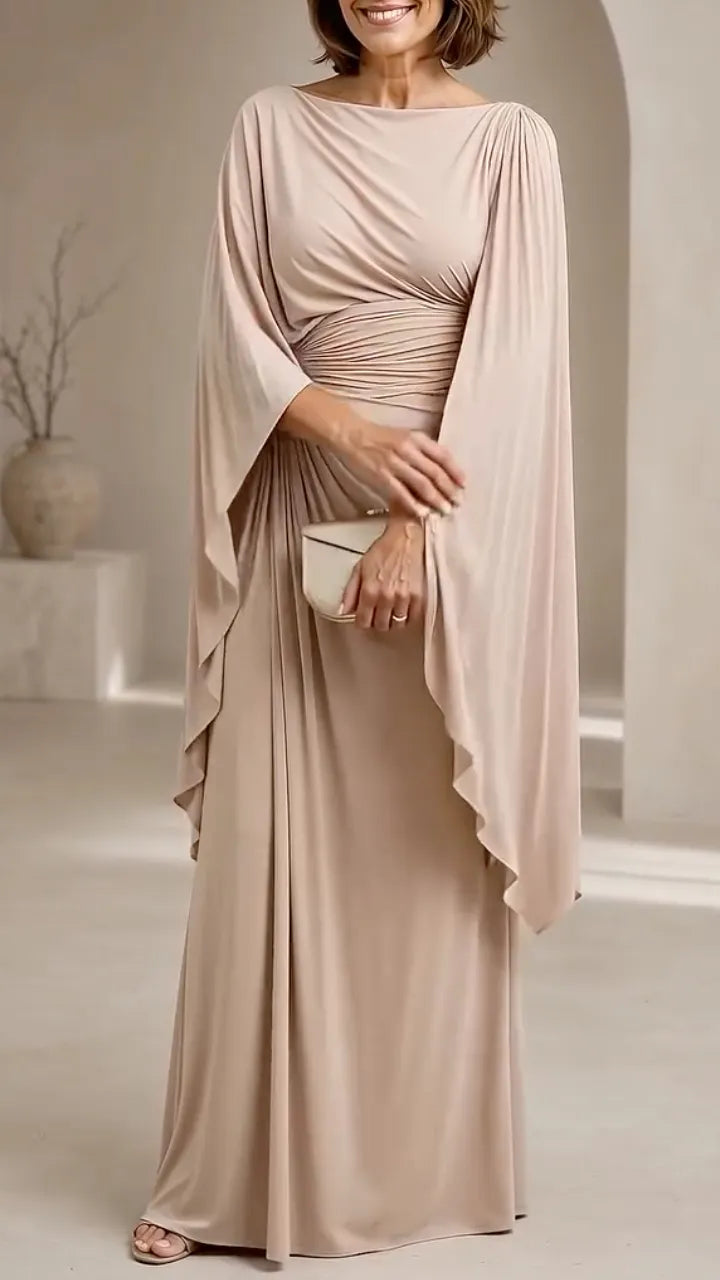 Beige Cape Sleeve Ruched Formal Gown