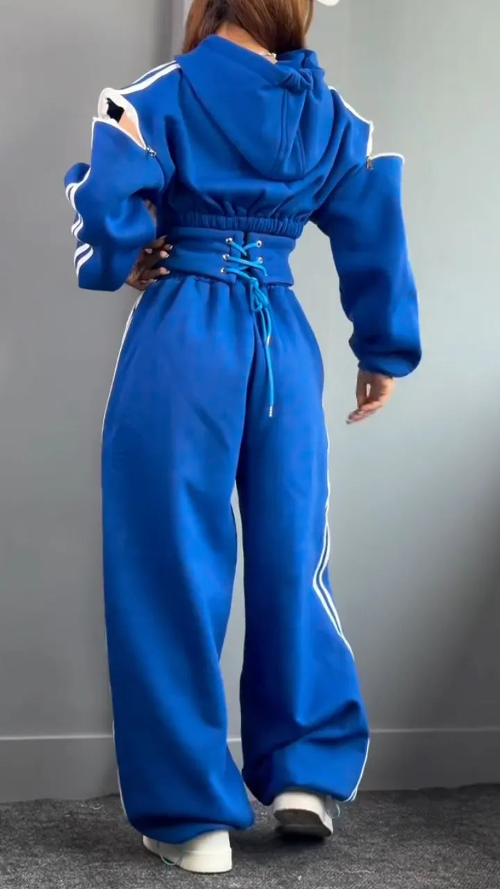 Zip Up Hooded Stripe Sweatshirt & Baggy Pant Tracksuit Set
