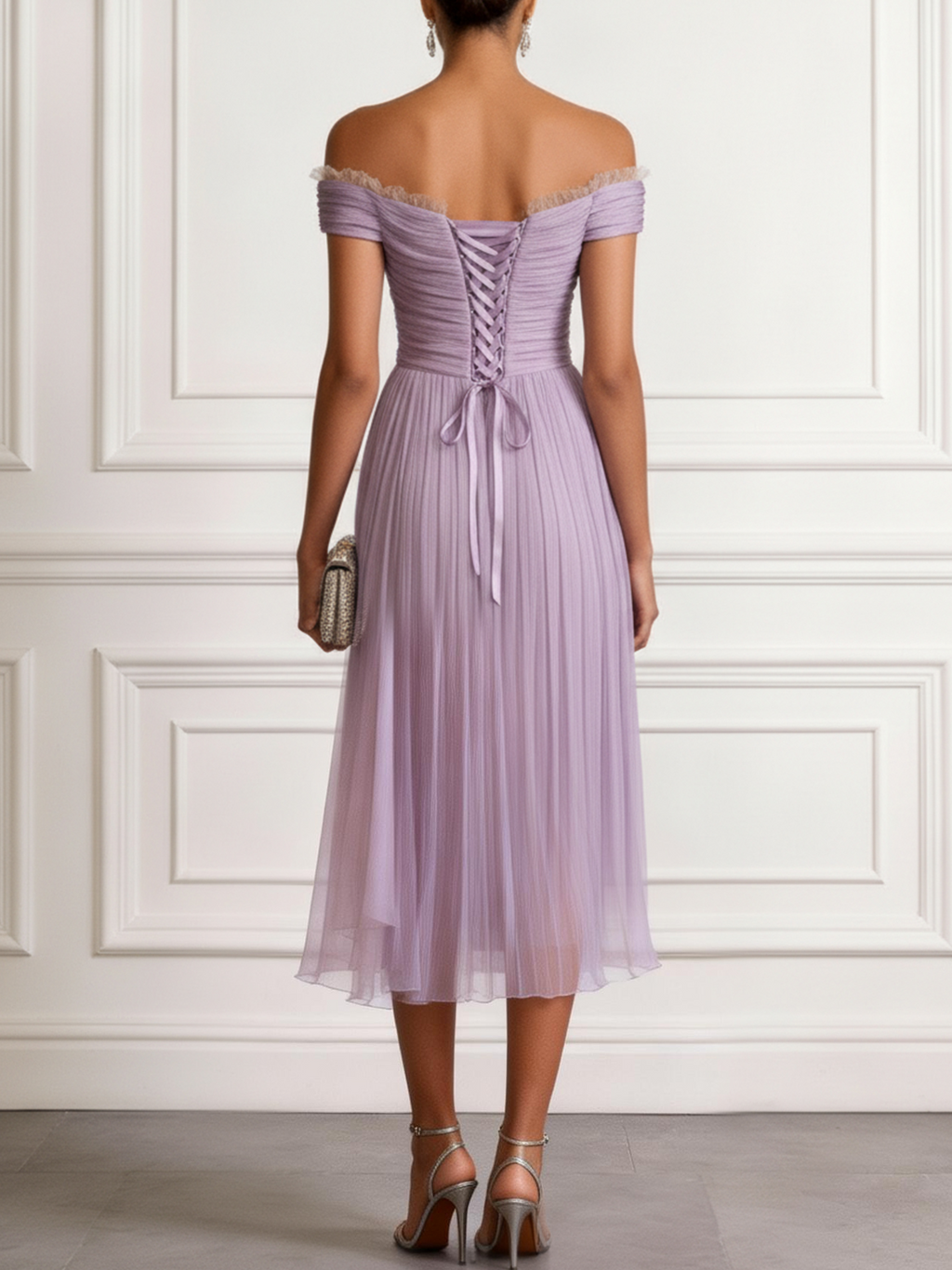 Lavender Ruched Lace Chiffon Off The Shoulder Short Sleeve A-Line Midi Dress