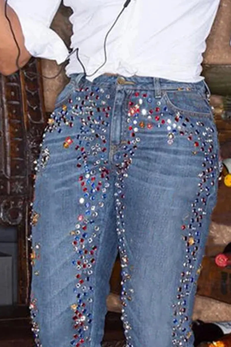 Women's daily  Rhinestones casual perforated pocket denim jeans