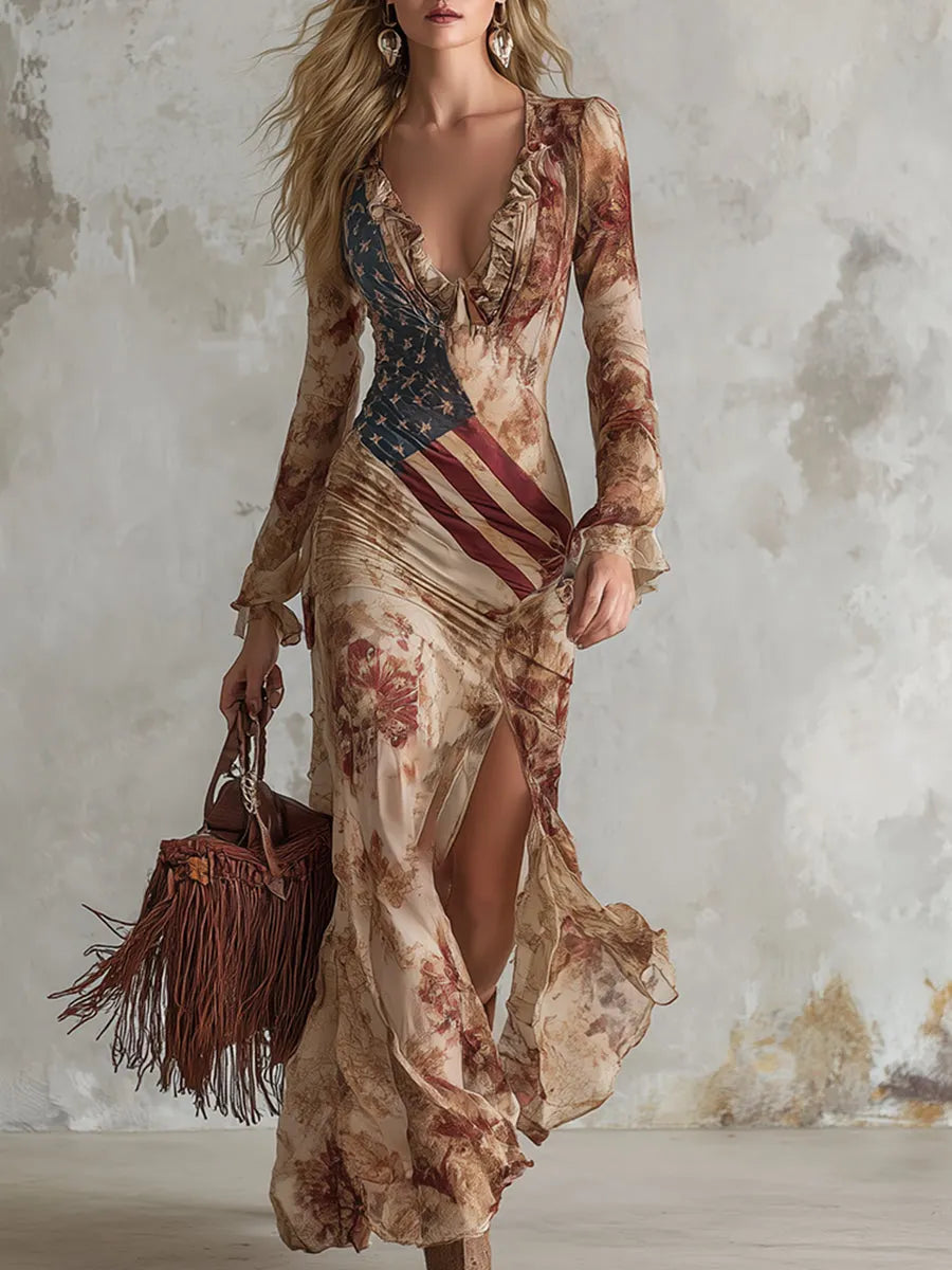Vintage Bohemian Apricot Floral Print Chiffon Long-sleeved Maxi Dress