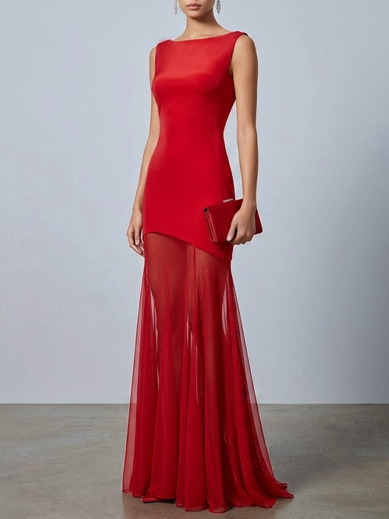 Red Mesh Classic Boat Neck Sleeveless Mermaid Floor-length Gown Dress