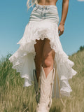 銆�24-hour shipping out銆慠omantic And Fashionable Short Front And Long Back Lace Patchwork Denim Skirt