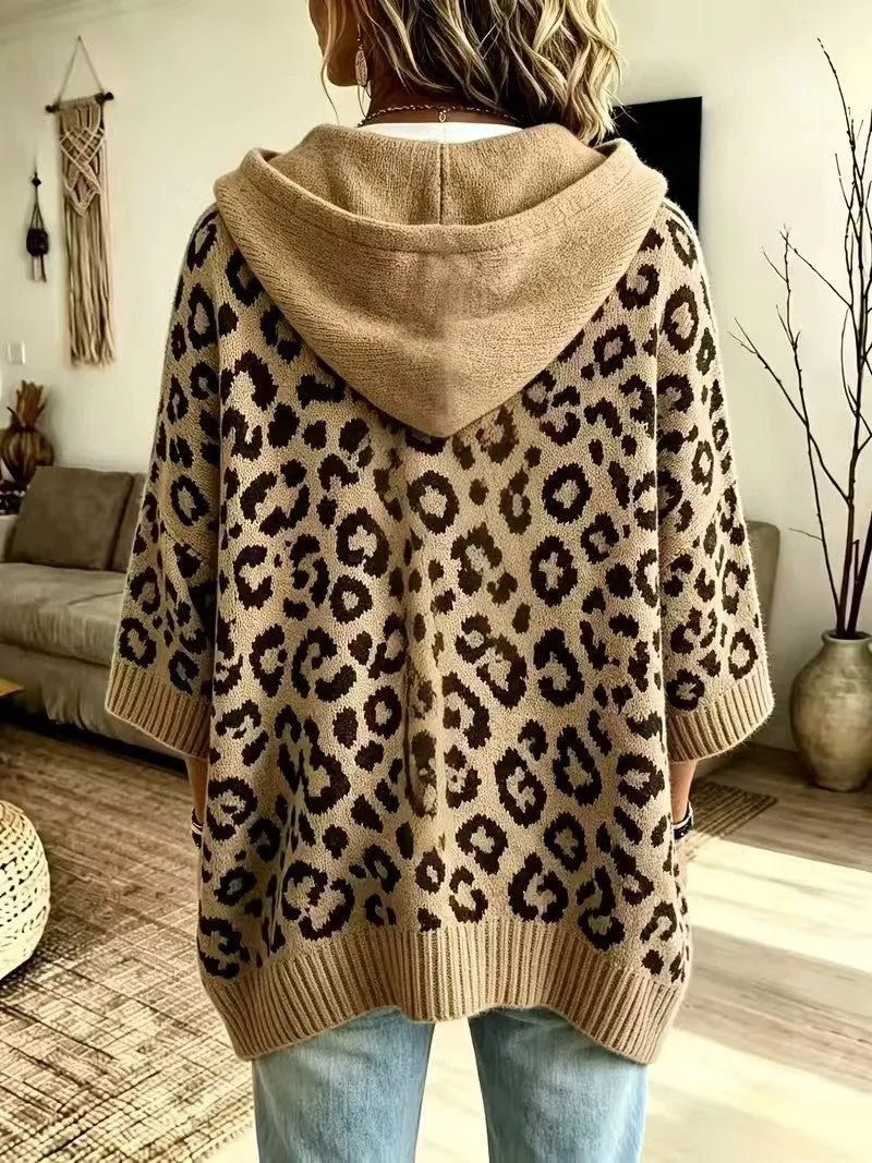 Comfortable And Casual Leopard-print Knitted Hoodie