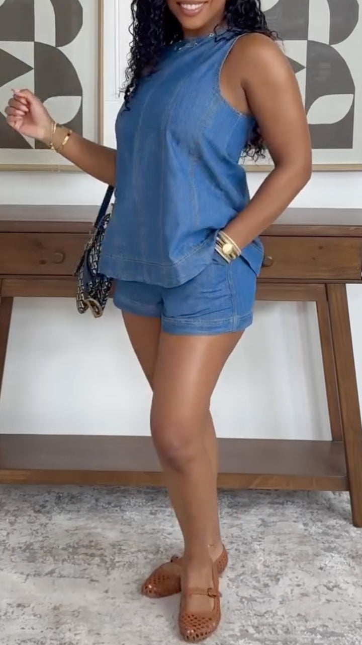 Acid Wash Denim Sleeveless Top & Shorts Co-Ord Set