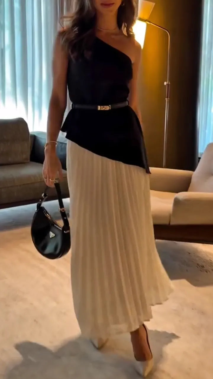 Elegant Women's One-Shoulder Top + Pleated Skirt Set