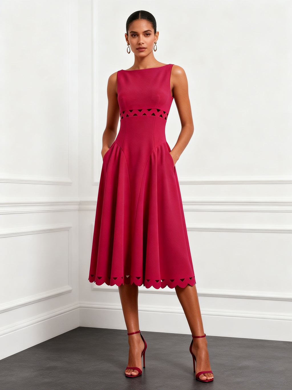 Red Lace Classic Boat Neck Sleeveless A-Line Midi Dress