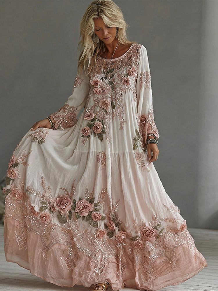 Women's Vintage Floral Embroidery Art Print Flowy Linen Blend Maxi Dress