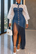 Women's Casual Lace Patchwork Puff Sleeve Fringe Hem Denim Dress