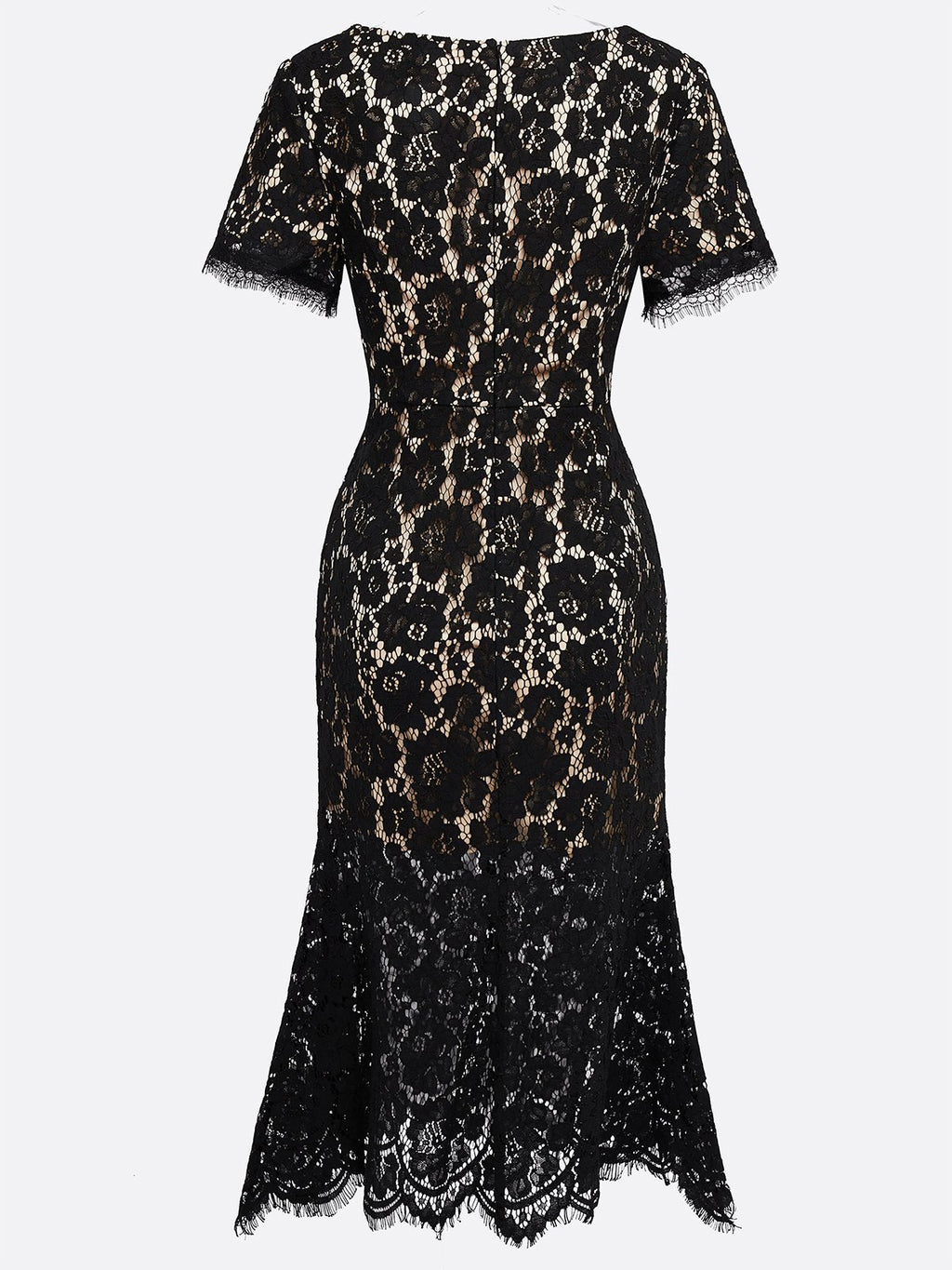 Black Lace Edge Cotton V Neck Short Sleeve Mermaid Midi Dress