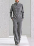 Women's Solid Color Stand Collar Long Sleeve Casual Loose Knit Top And High Waist Wide Leg Pants Knit Set