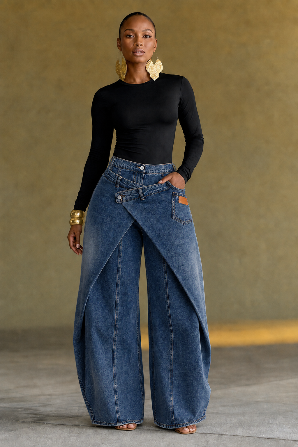 Wrap Skirt‑Effect Wide Leg Denim Pants