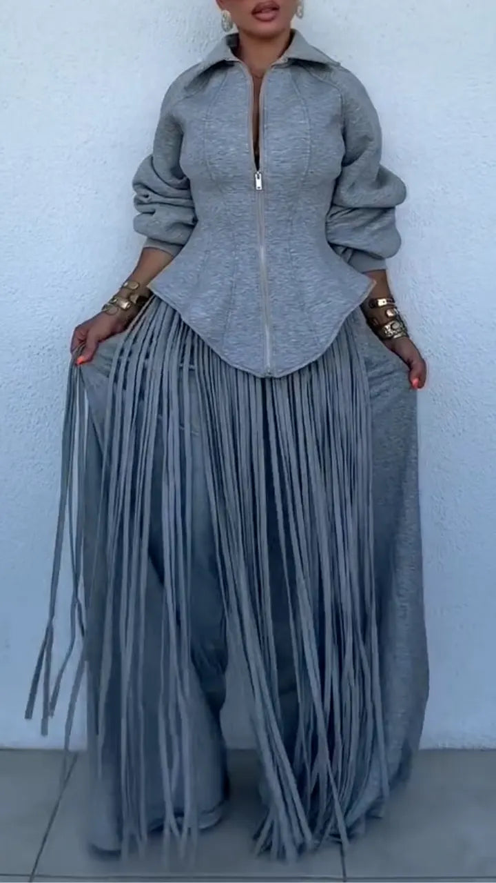 Grey Zip Corset Top With Long Fringe Wide Leg Pants Set