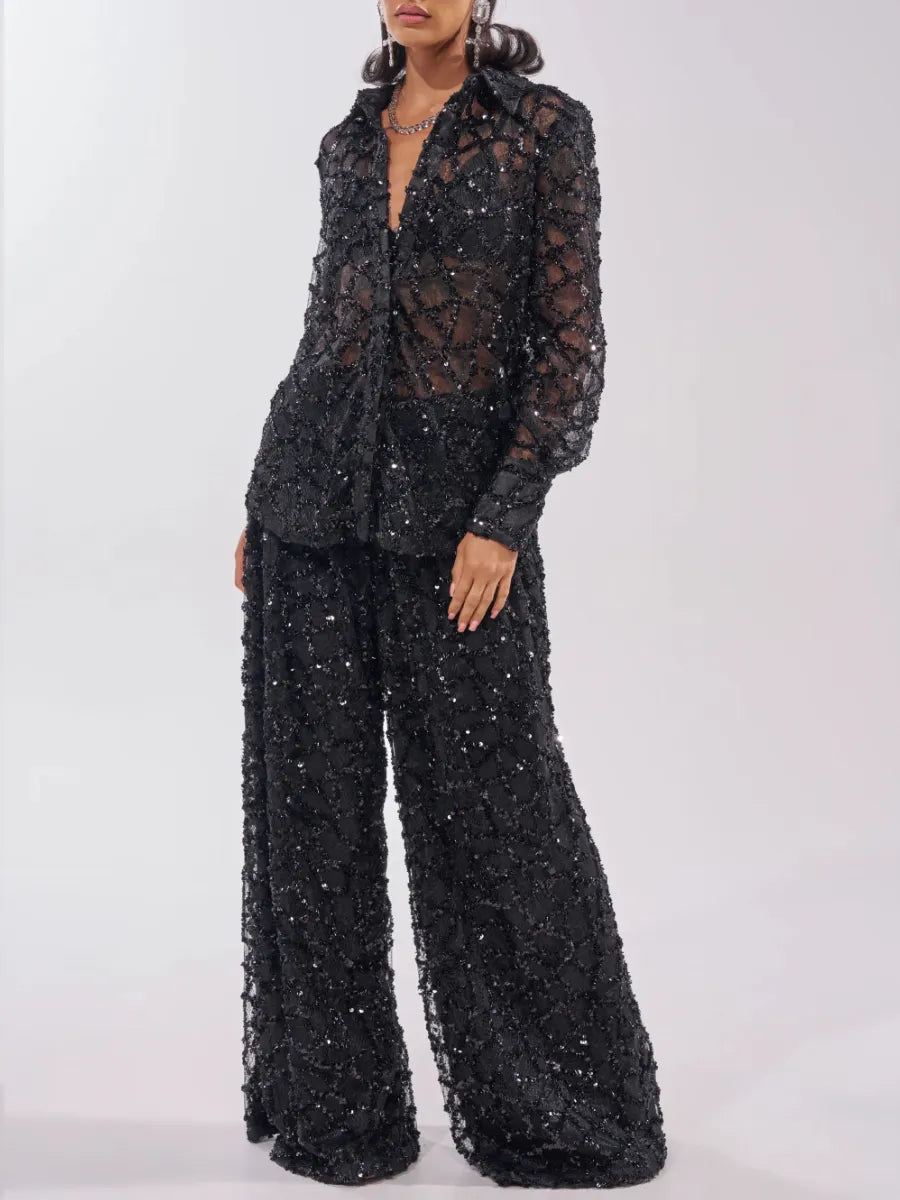 Sequin Sheer Shirt & Wide Leg Pants Two‑Piece Set