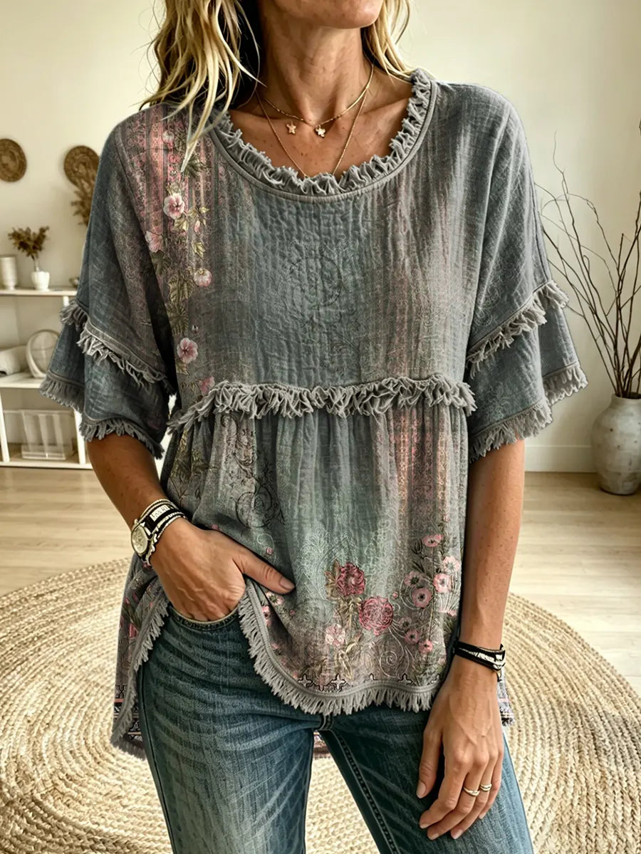 Women's Vintage Floral Print Fringe Detail Woven Top