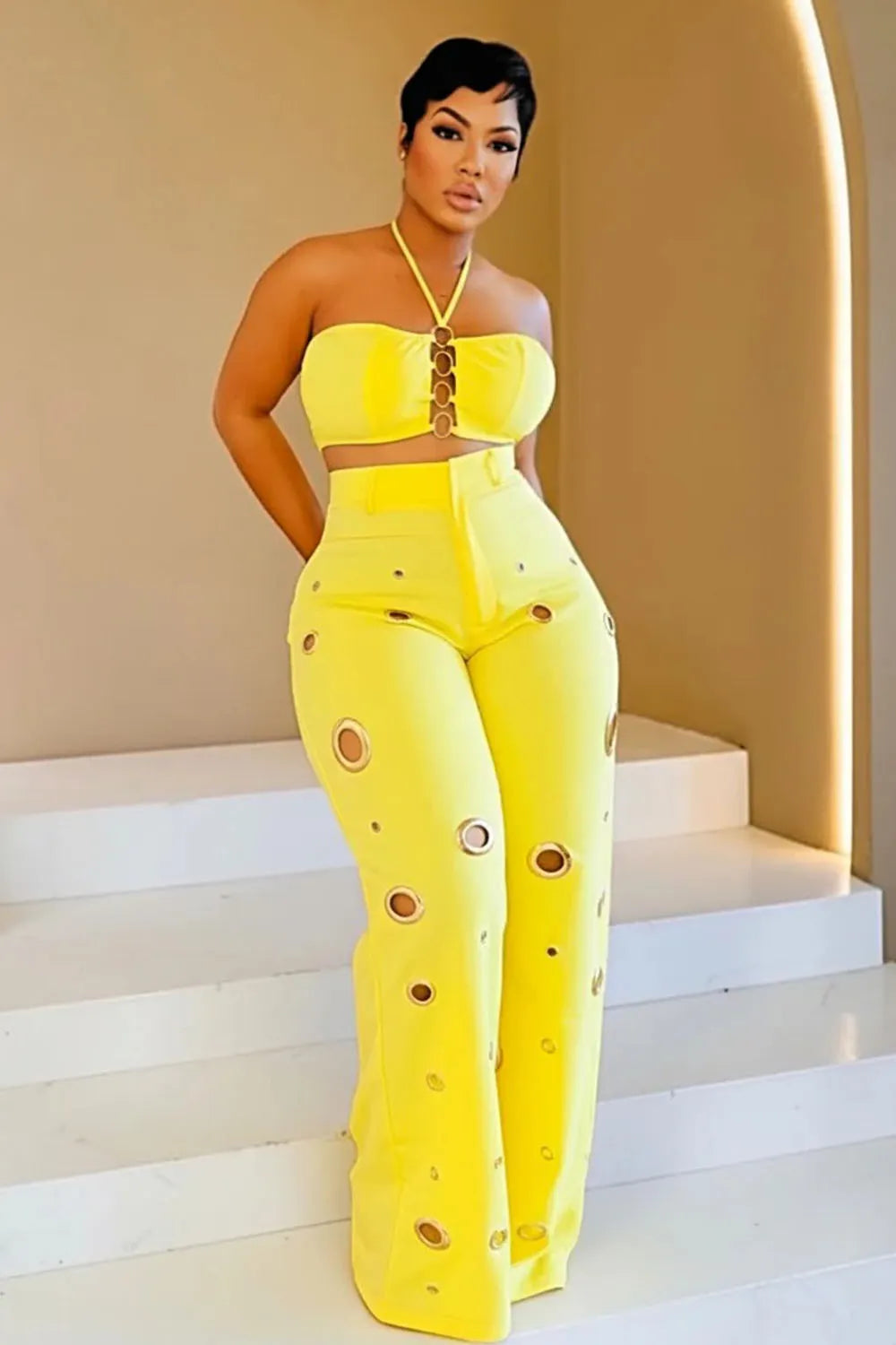 Halter Crop Top High Waist Hollow Pants Casual 2pcs Set-Yellow