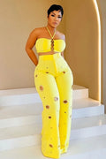Halter Crop Top High Waist Hollow Pants Casual 2pcs Set-Yellow