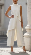 High Neck Asymmetrical Layer Vest & Wide Leg Pant Two Piece Formal Set