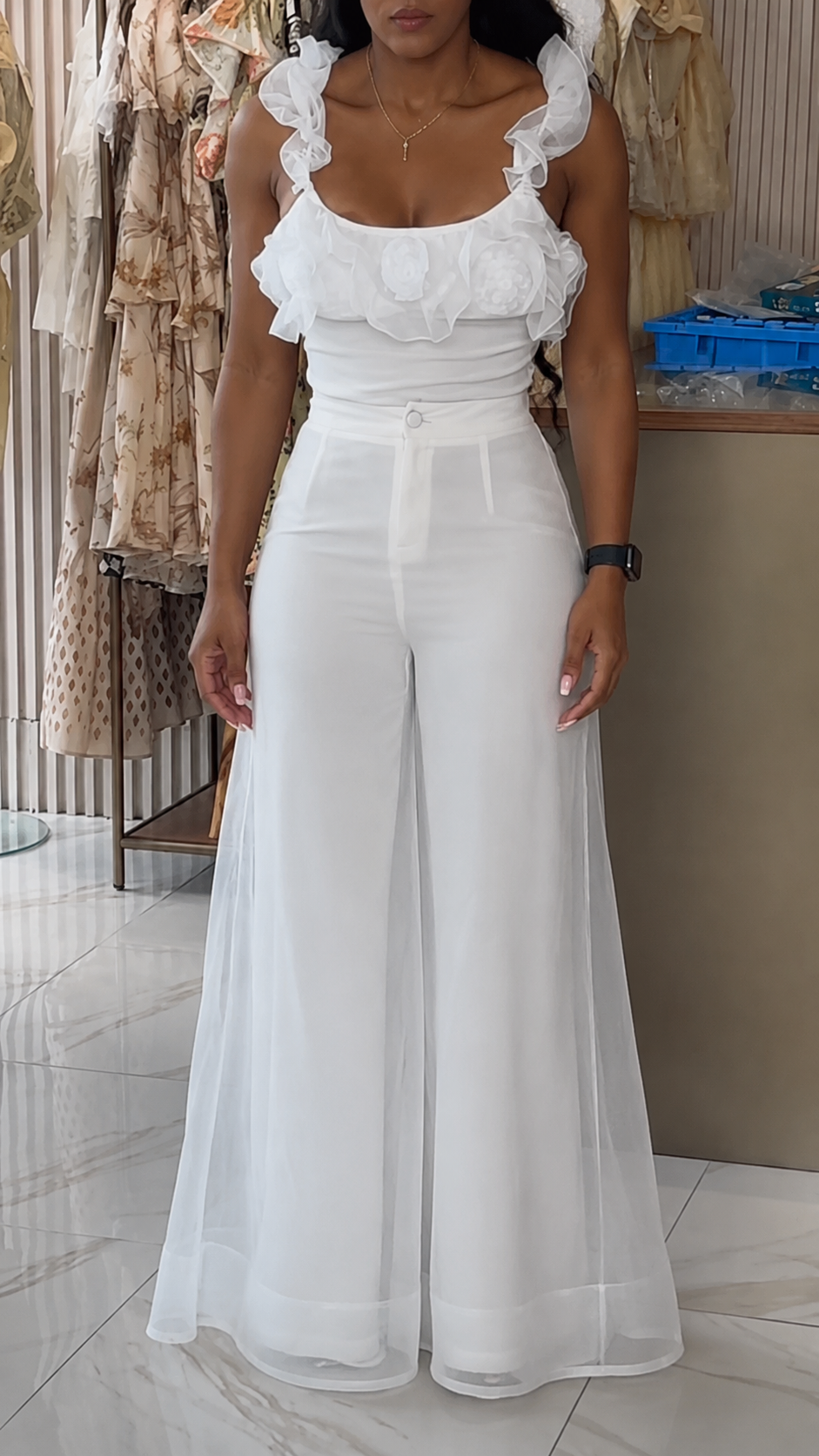 White Chiffon High Waist Wide Leg Pants