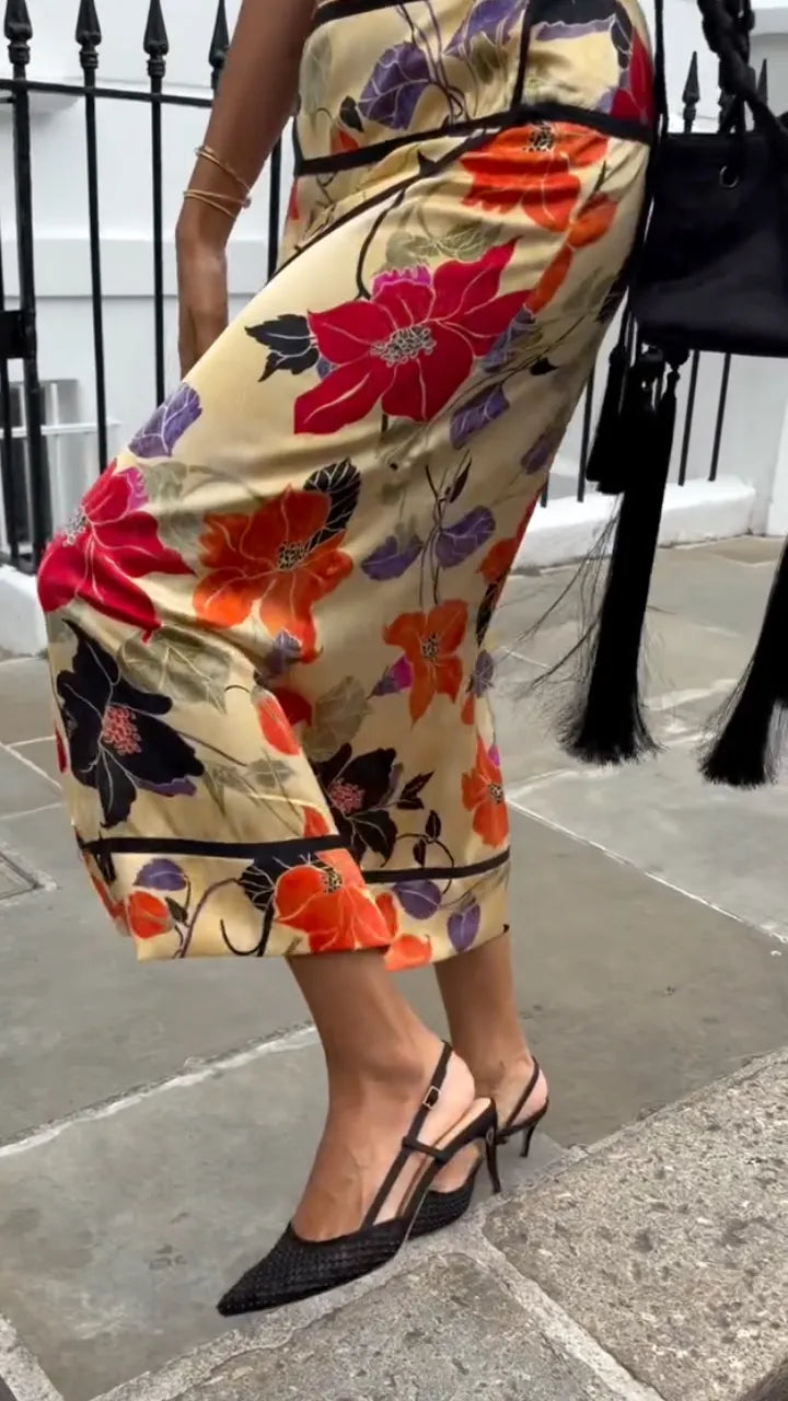 Vintage Watercolor Flower Print Straight Midi Skirt