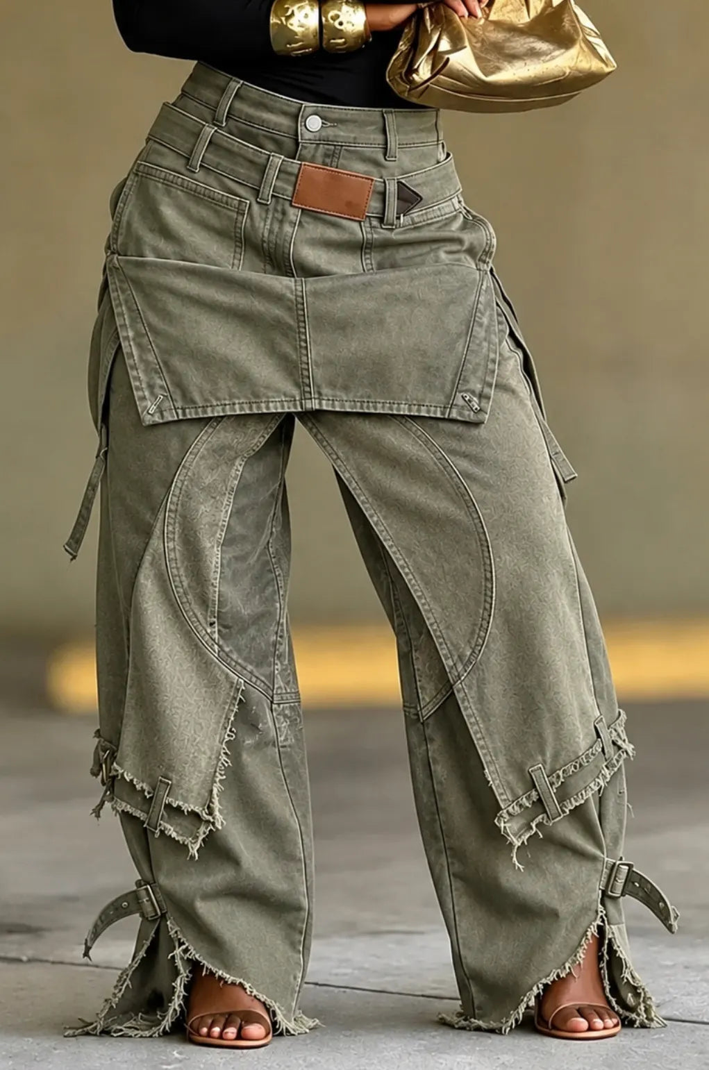 Apron Panel Raw Edge Wide Leg Cargo Pants