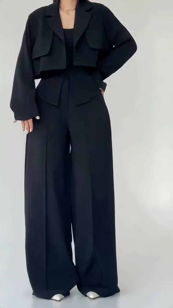 Taupe Cropped Blazer Two‑Piece Pants Set
