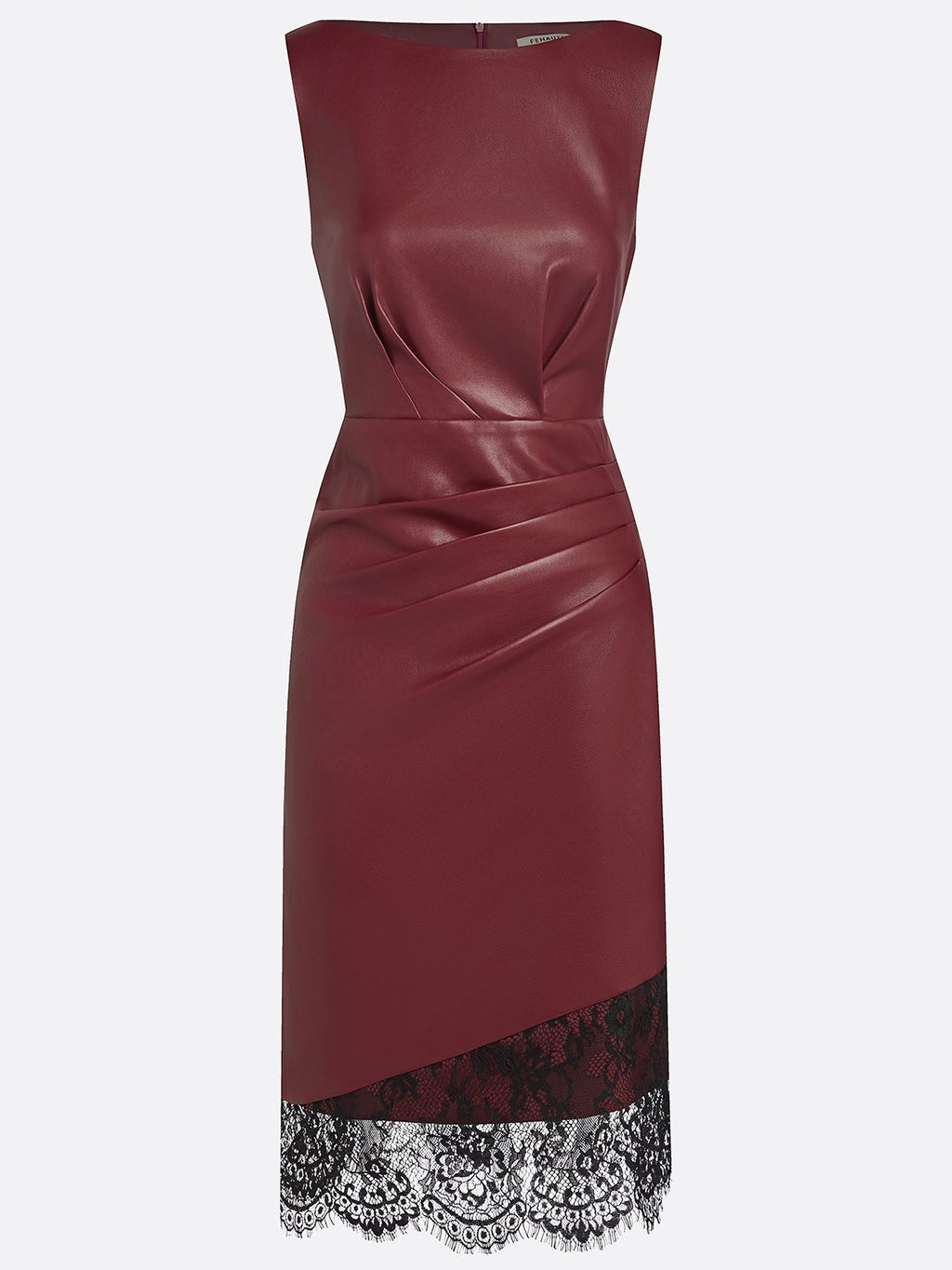 Burgundy Faux Leather Lace Ruched Classic Boat Neck Sleeveless Shift Midi Dress
