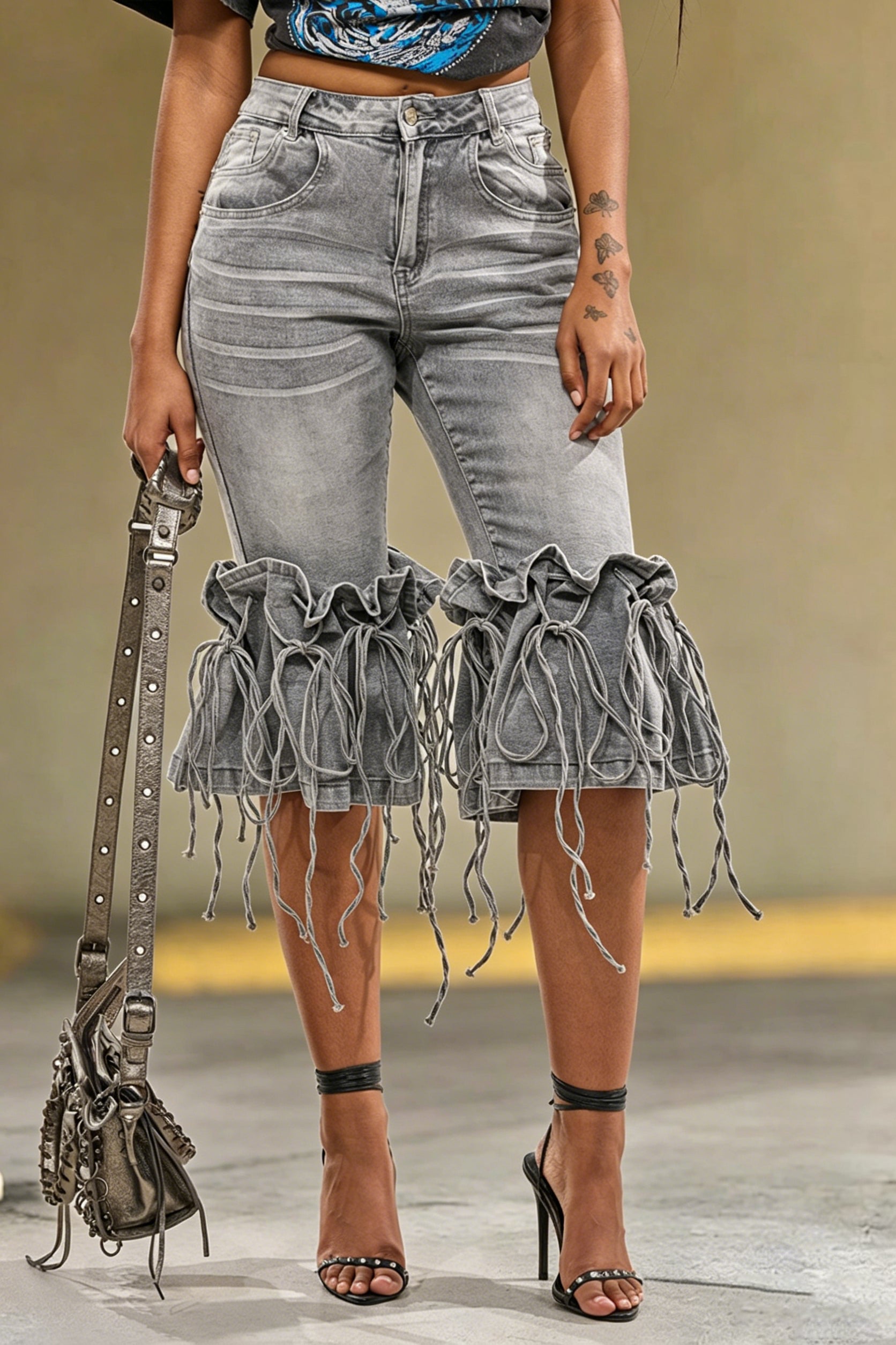 Women's Fashion Flounce Hem Tie Front Willow Jeans