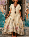 Women's Vacation Linen Floral Print V-Neck Short Sleeve Maxi Dress