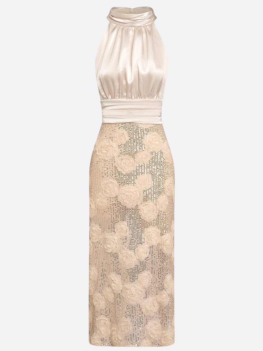 Champagne 3D Floral Glitter Classic Mock Neck Sleeveless Midi Dress