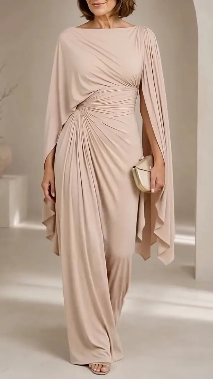 Beige Cape Sleeve Ruched Formal Gown