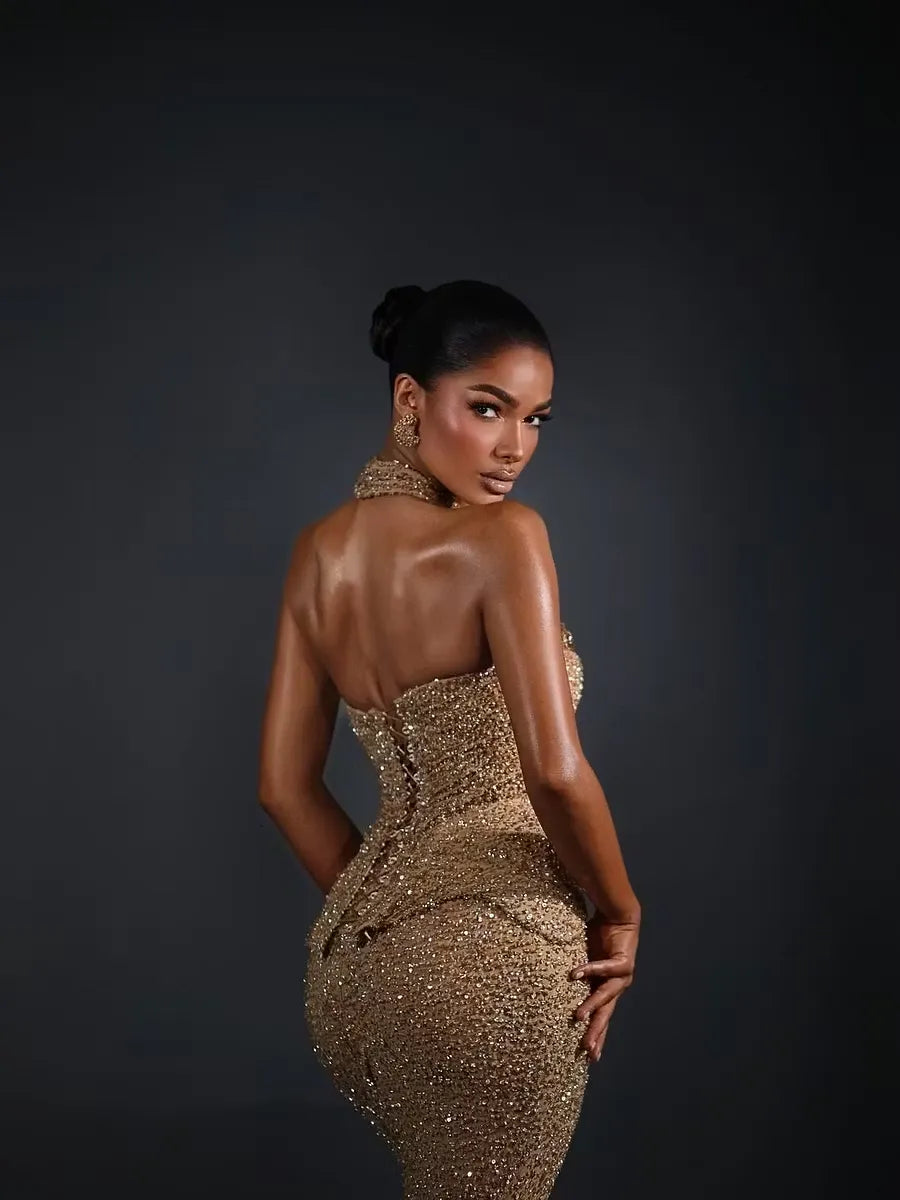Cocoslly Halter Sleeveless High Waist Long Mermaid Prom Dress | Glod Champage Beading Pearls LR0565