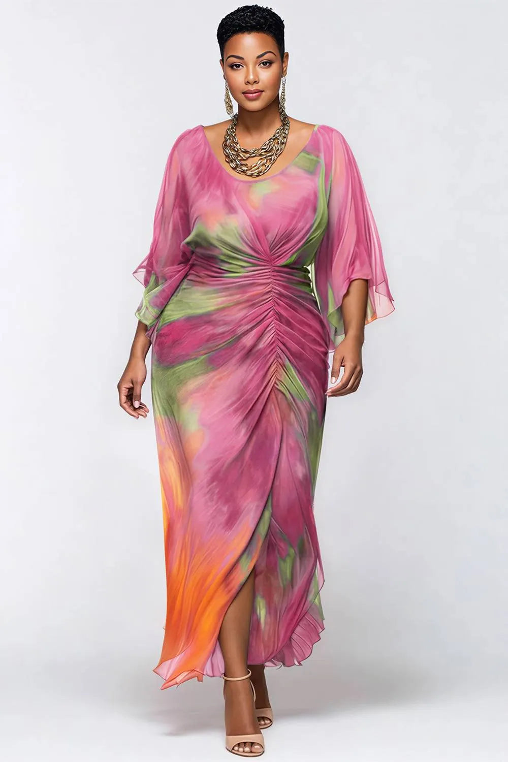 复制Xpluswear Design Plus Size Cocktail Party Purple Tie Dye Round Neck Flare 3/4 Sleeve Ruched Chiffon Maxi Dresses