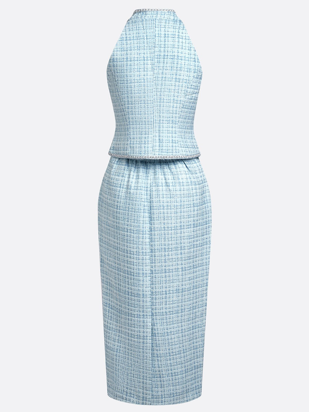 Women Blue Tweed Buckle Rhinestone Turtleneck Sleeveless Dressy Top With Skirt Two-Piece Set