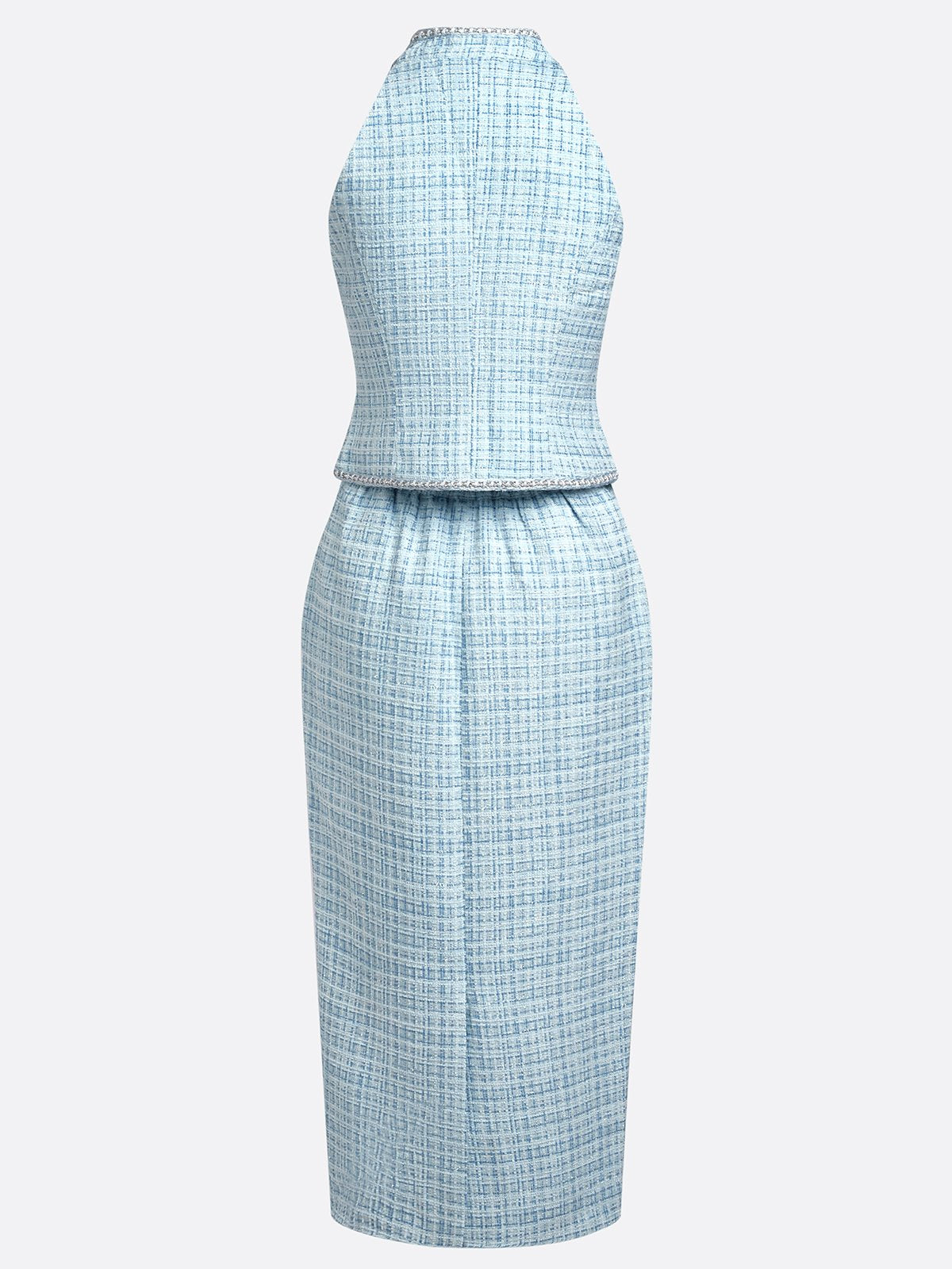 Women Blue Tweed Buckle Rhinestone Turtleneck Sleeveless Dressy Top With Skirt Two-Piece Set