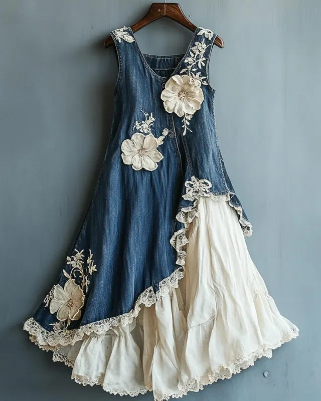 Summer Irregular Ruffle Denim Lace Patchwork Dress bb0a