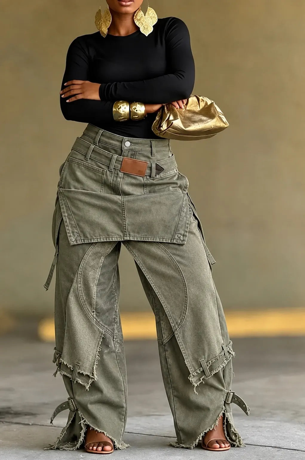 Apron Panel Raw Edge Wide Leg Cargo Pants