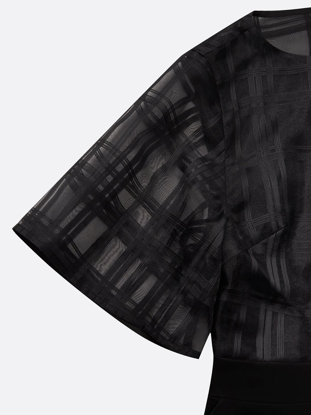 Black Organza Plaid Classic Boat Neck Half Sleeve Dolman Sleeve Sheath Midi Dress