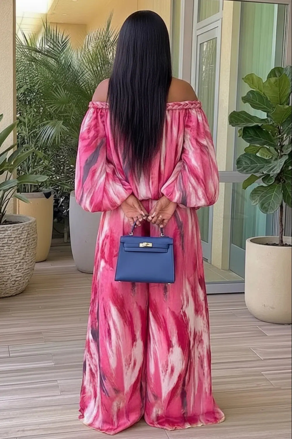 Tie Dye Braided Off Shoulder Top Wide Leg Pants 2pcs Set-Orange [Pre Order]