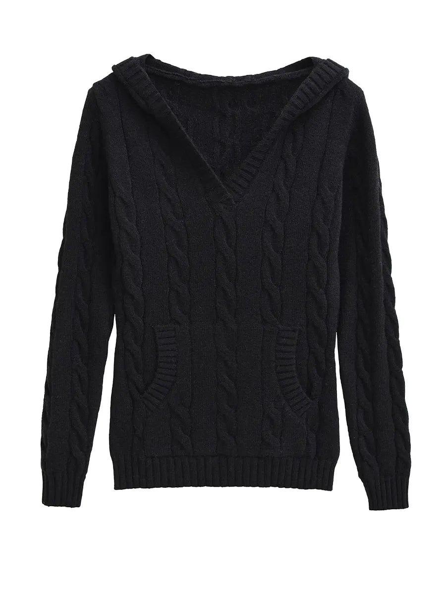 Casual Cable-knit V-neck Sweater With Hood