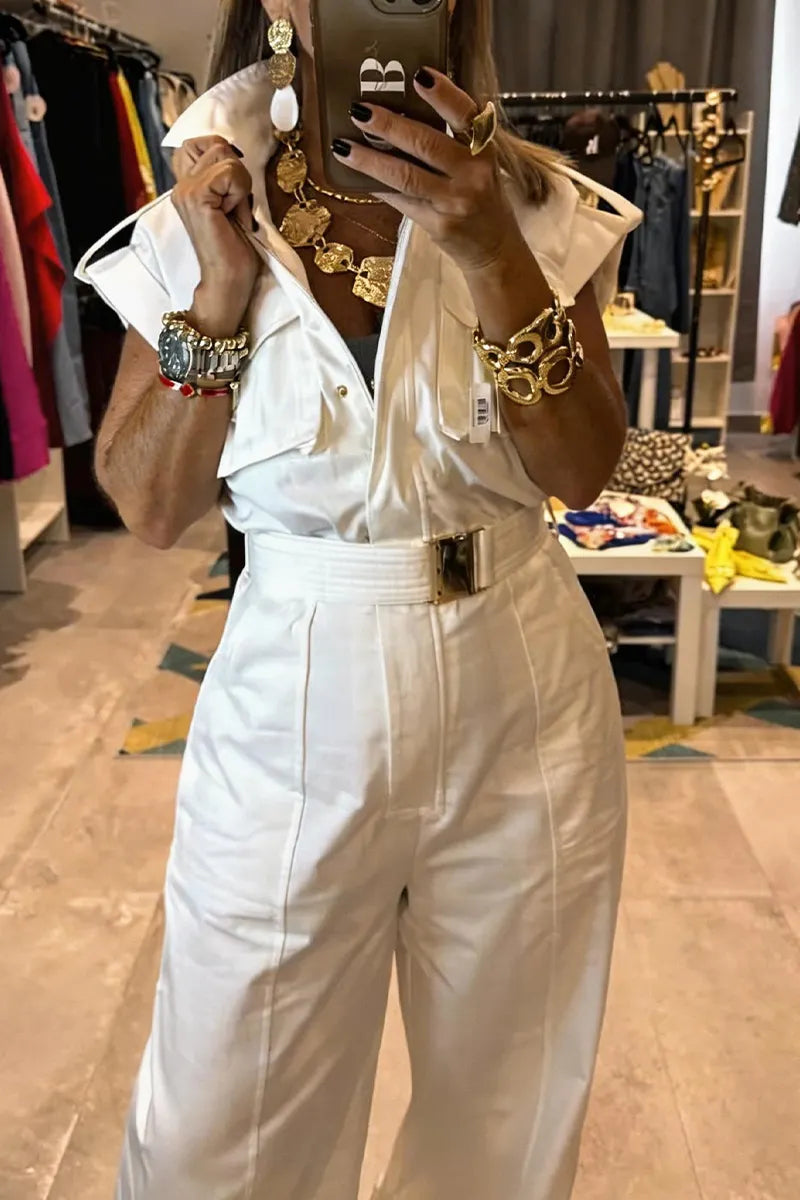 Women's Fashion Flap Pocket Wide Shoulder Wide Leg Jumpsuit with Belt