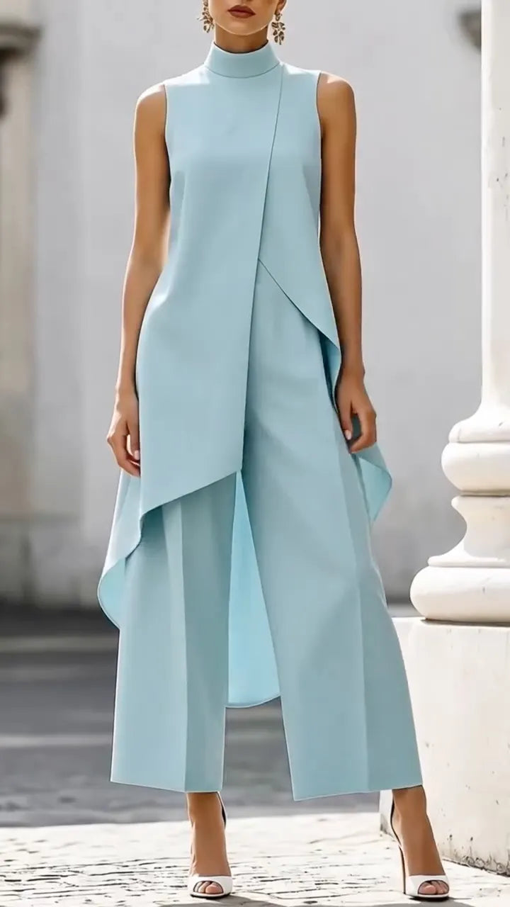 High Neck Asymmetrical Layer Vest & Wide Leg Pant Two Piece Formal Set
